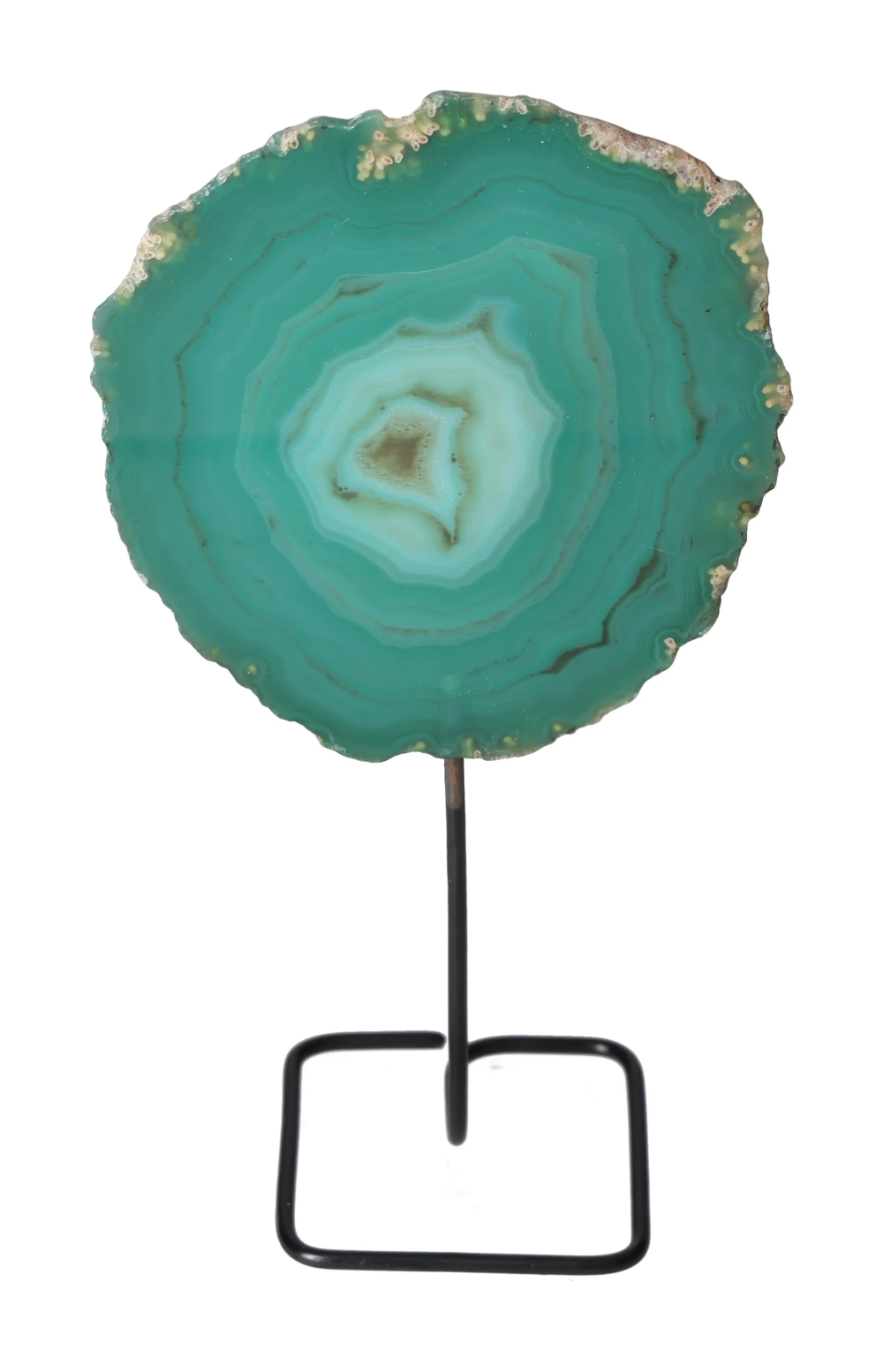 Thin Agate Slice Iron Base 635738 providing calming and grounding energy on display stand