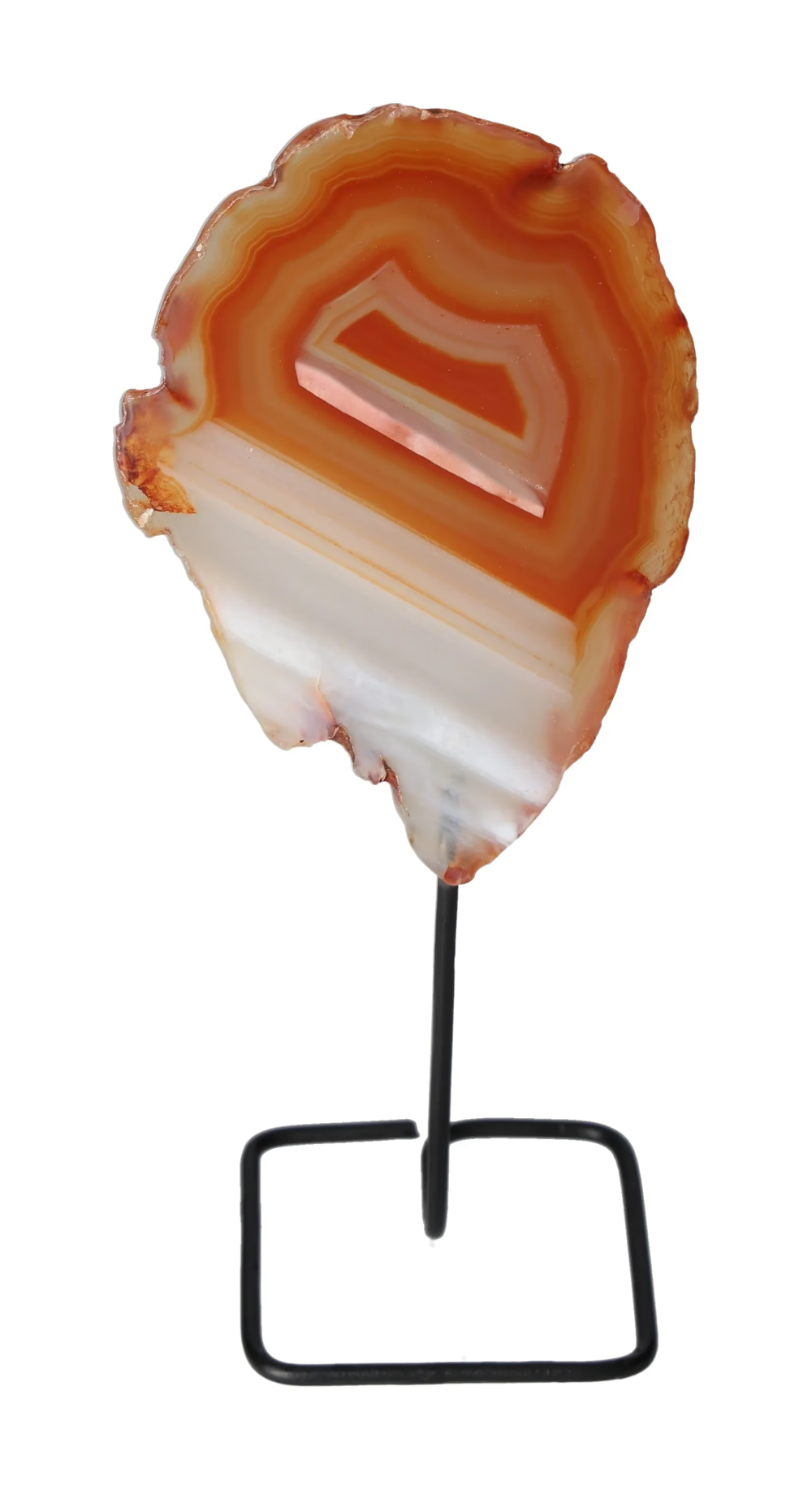 Thin Agate Slice Iron Base 635745 on a black stand, showcasing natural layers and colors for energy balance and grounding.