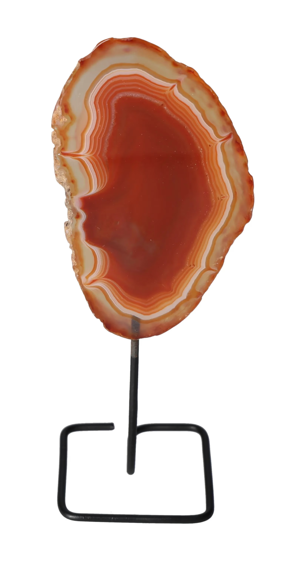 Thin Agate Slice Iron Base 635745 offering balance and grounding with natural red hues on a sturdy metal stand.