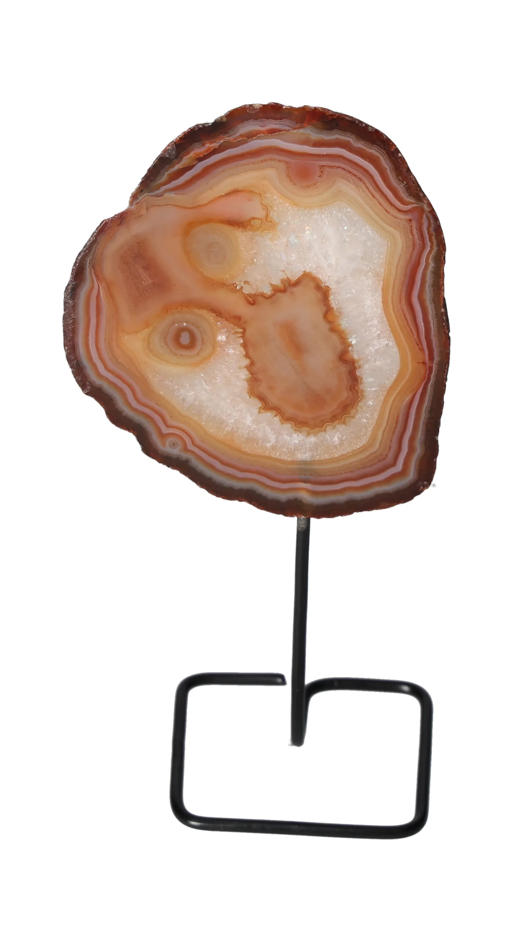 Thin Agate Slice Iron Base 635745 providing balance and grounding; decorative stone on iron stand.