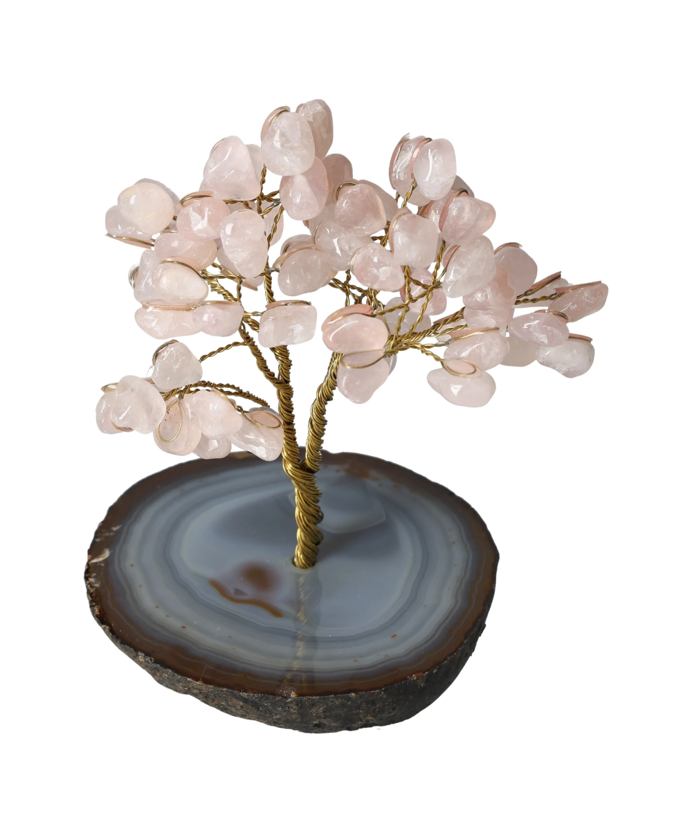 Rose Quartz Wire Agate Base Tree 15 cm 636148 showcasing delicate pink crystals on a natural agate base.