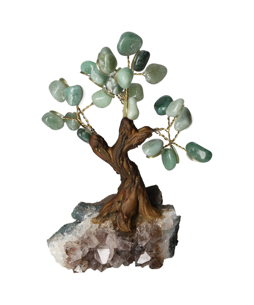 Green Quartz Tree 13 cm 636193 on decorative base with gemstone leaves.