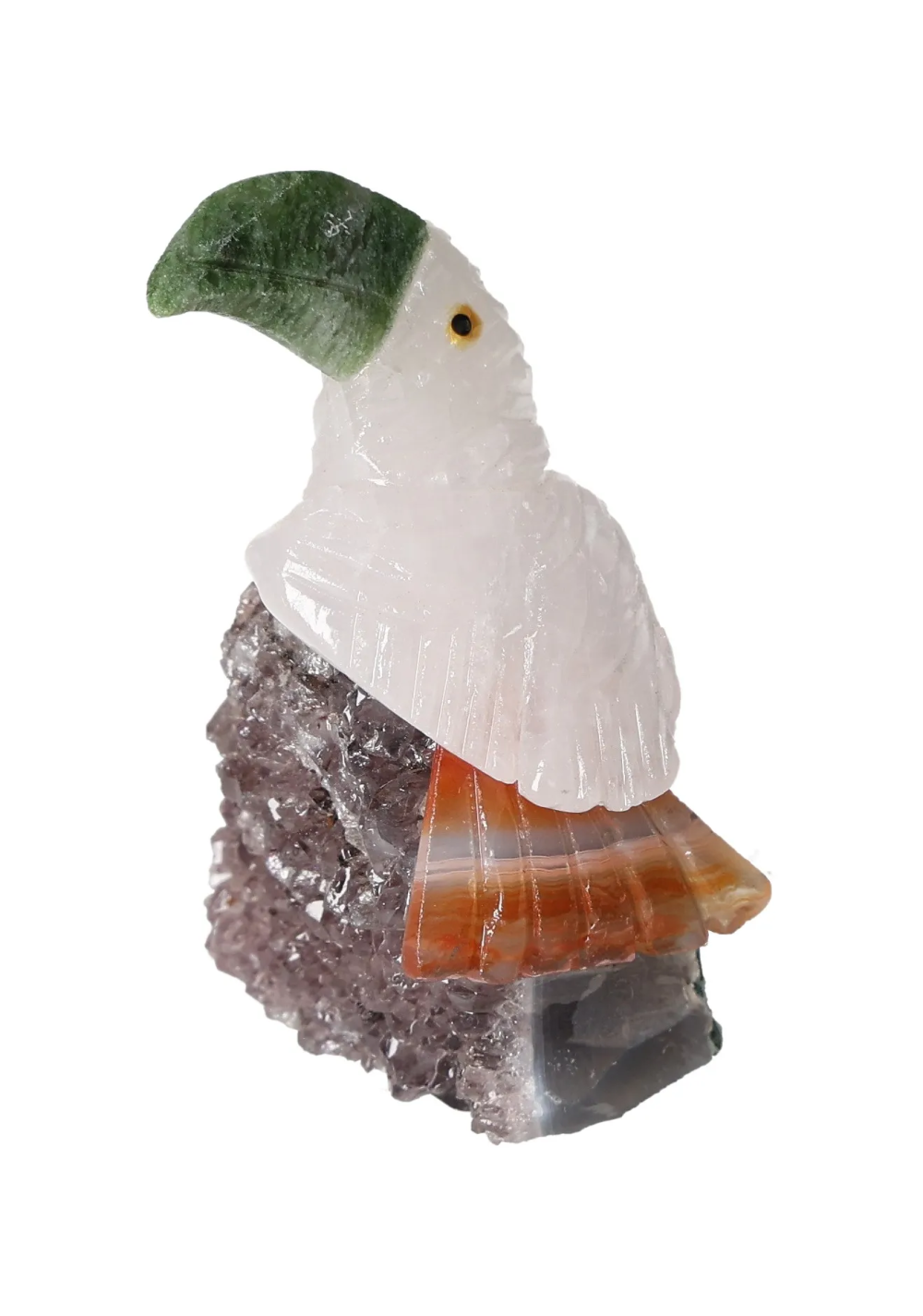 Pink Quartz Toucan on Quartz 636209 with vibrant hues symbolizing various chakras and spiritual connections.