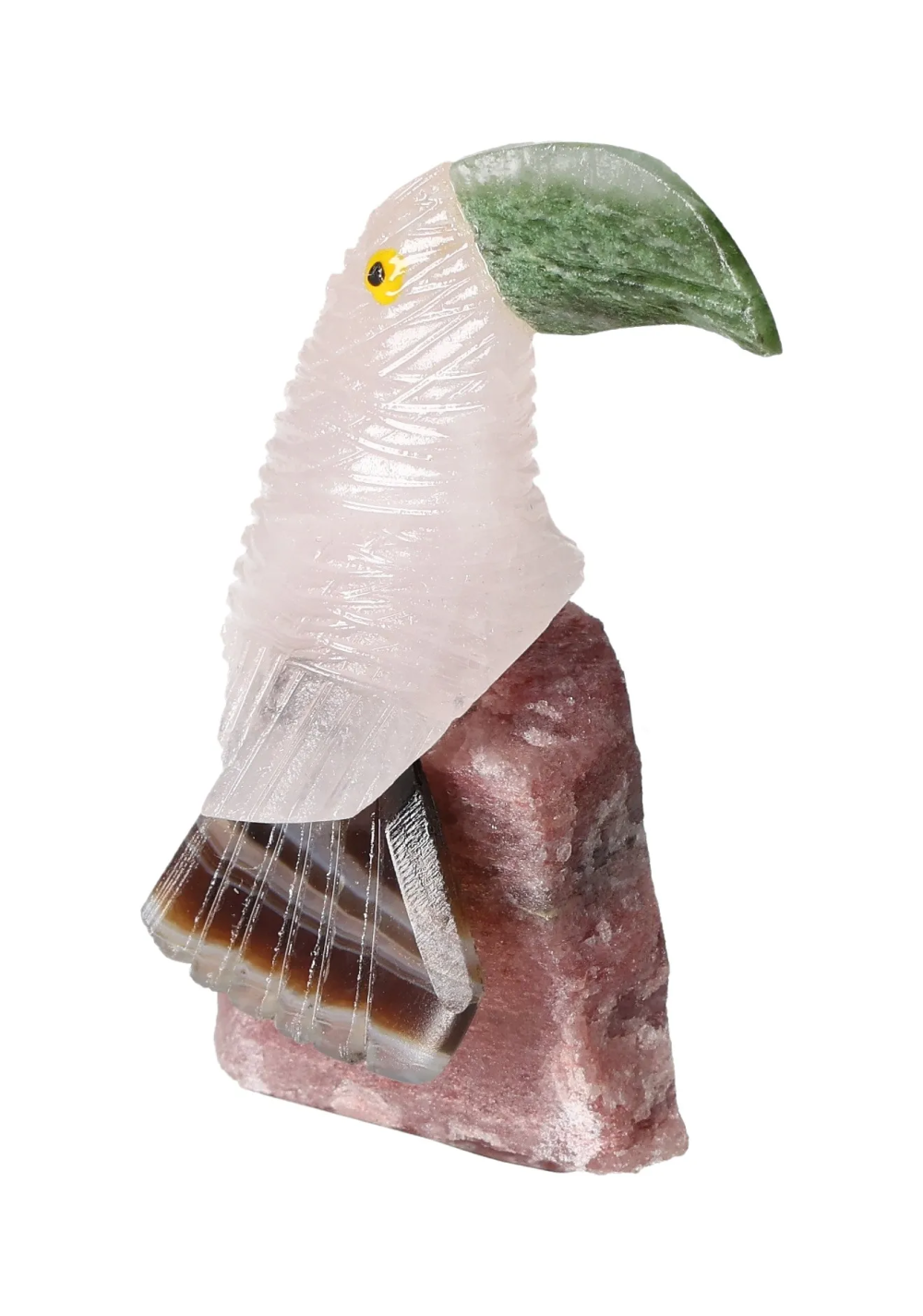 Pink Quartz Toucan on Quartz 636209 with spiritual properties, supporting chakras and zodiac signs through energetic elements.