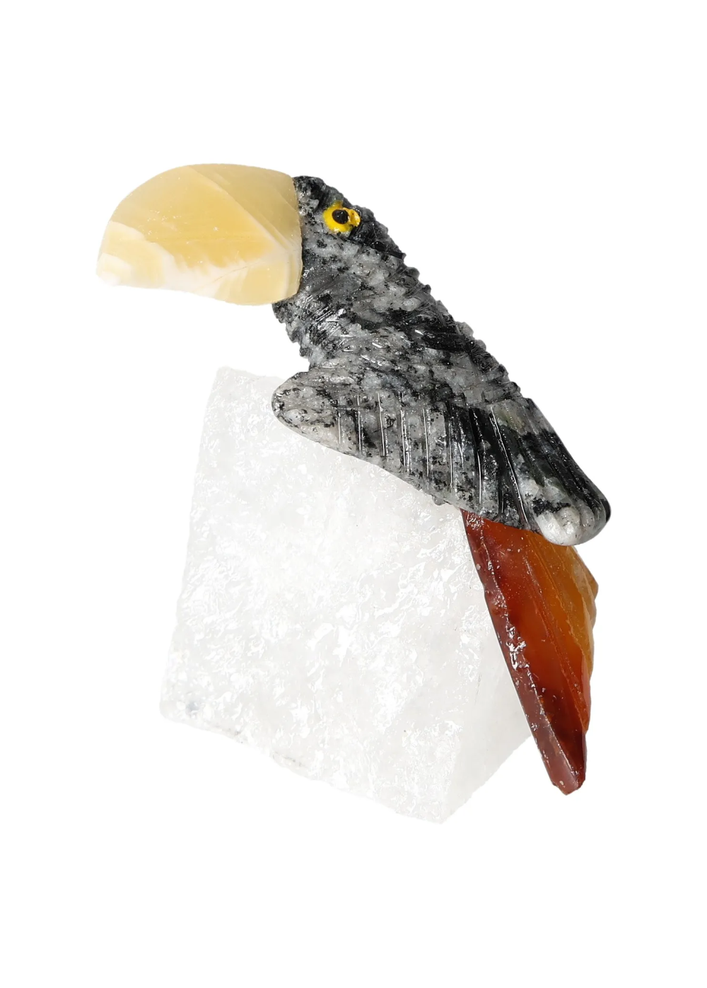 Black Calcite Toucan on Quartz 636216, a sculpture promoting confidence and motivation, enhances concentration and removes negative energy.