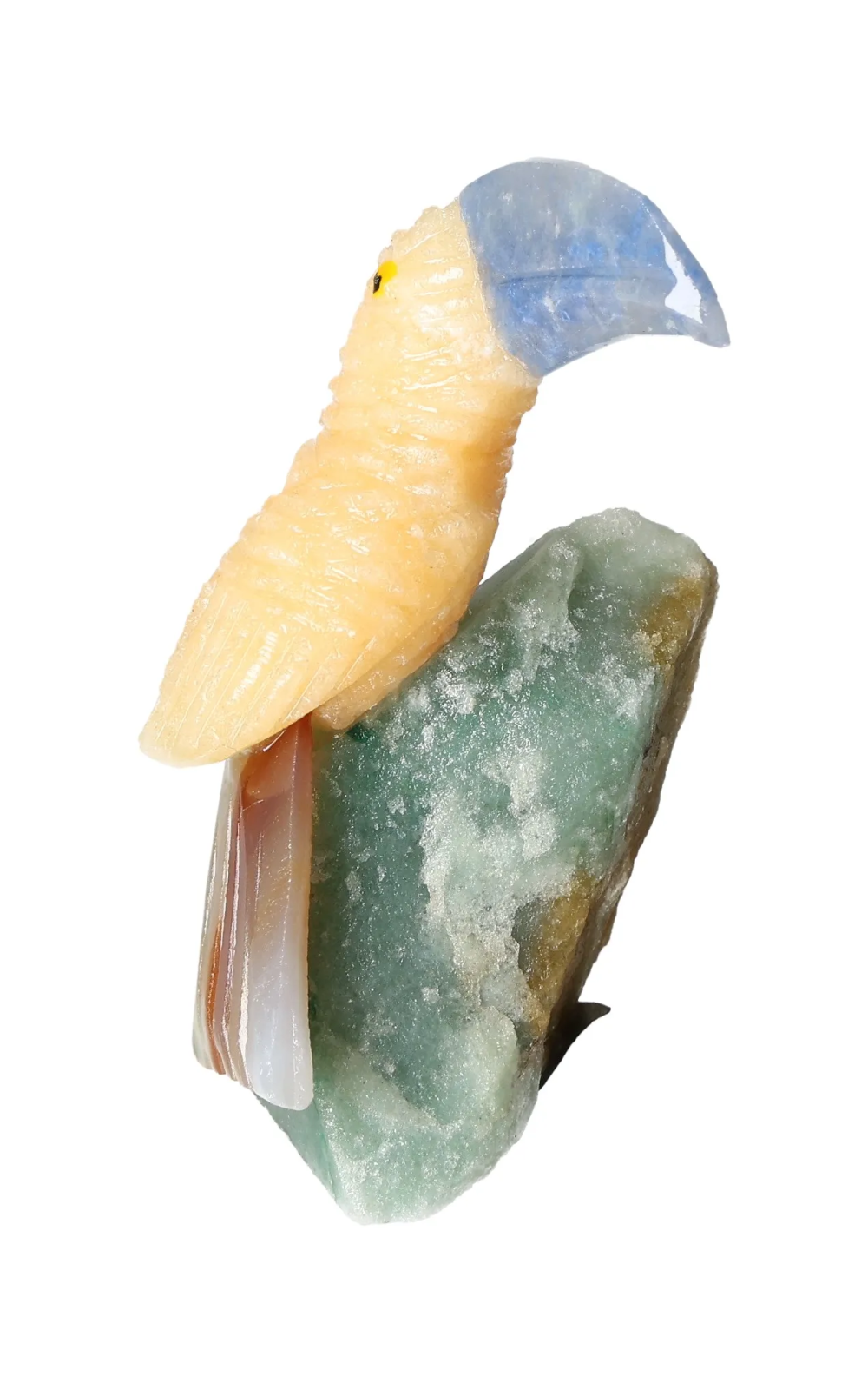 "Yellow Calcite Toucan on Quartz 636223 sculpture for boosting confidence and concentration, enhancing learning and memory."