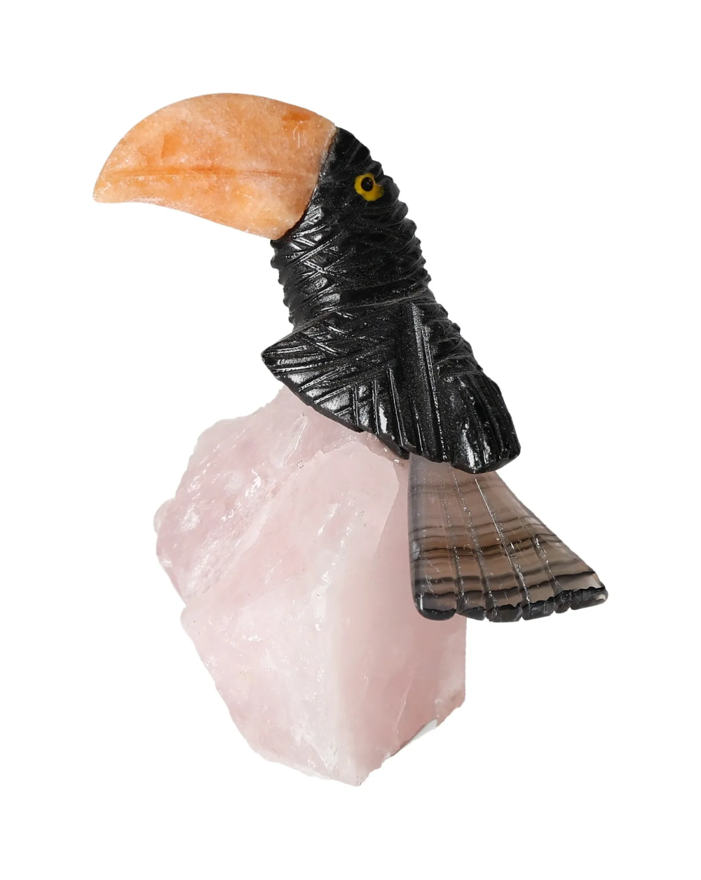 Black Calcite Toucan on Quartz 636230, a unique sculpture enhancing concentration and energy in learning and vocational environments.