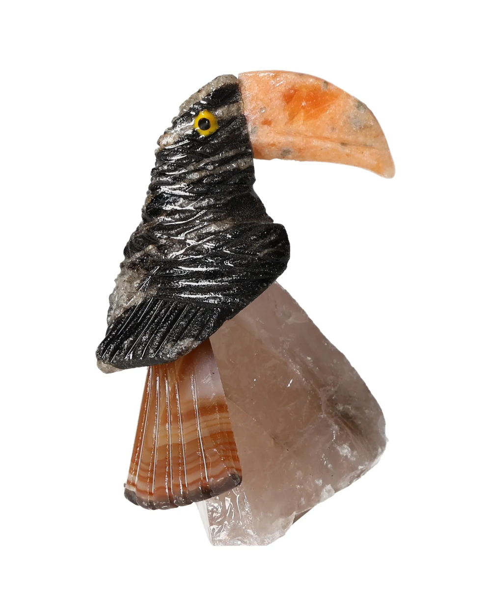 Black Calcite Toucan on Quartz 636230 sculpture promoting self-confidence and learning