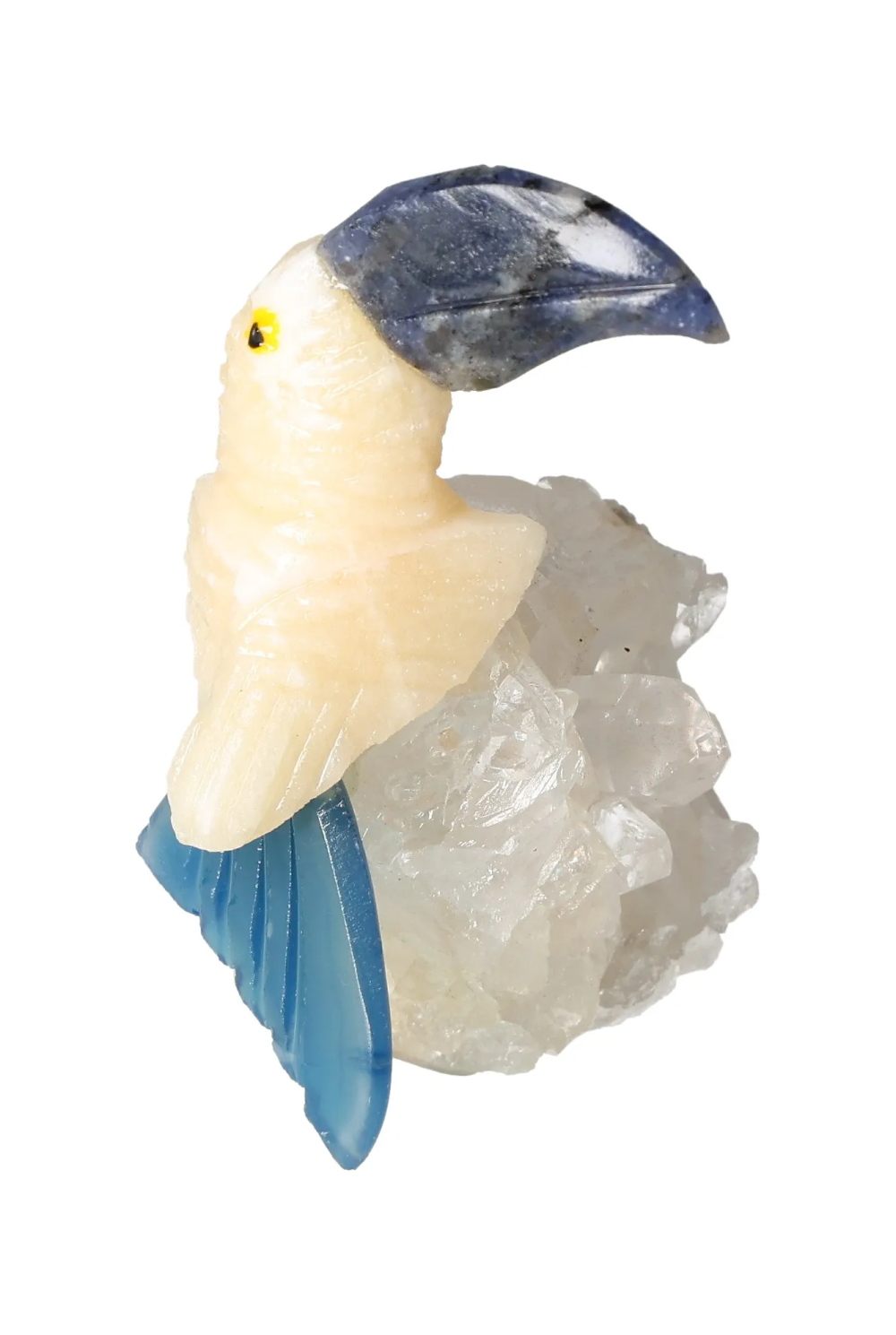Yellow Calcite Toucan on Quartz 636247 sculpture for energy, motivation, and concentration enhancement