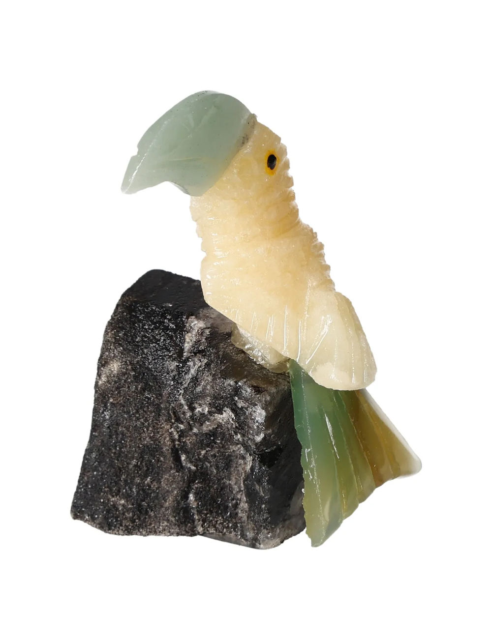 Yellow Calcite Toucan on Tourmaline 636254 sculpture for enhancing self-confidence and motivation.