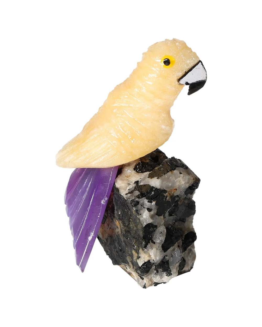 Yellow Calcite Parrot On Tourmaline 636285, gemstone sculpture featuring vibrant colors and intricate detail.