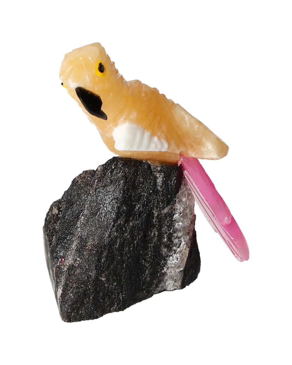 Yellow Calcite Parrot On Tourmaline 636285 gemstone sculpture showcasing a parrot perched on a dark tourmaline base with pink accents.