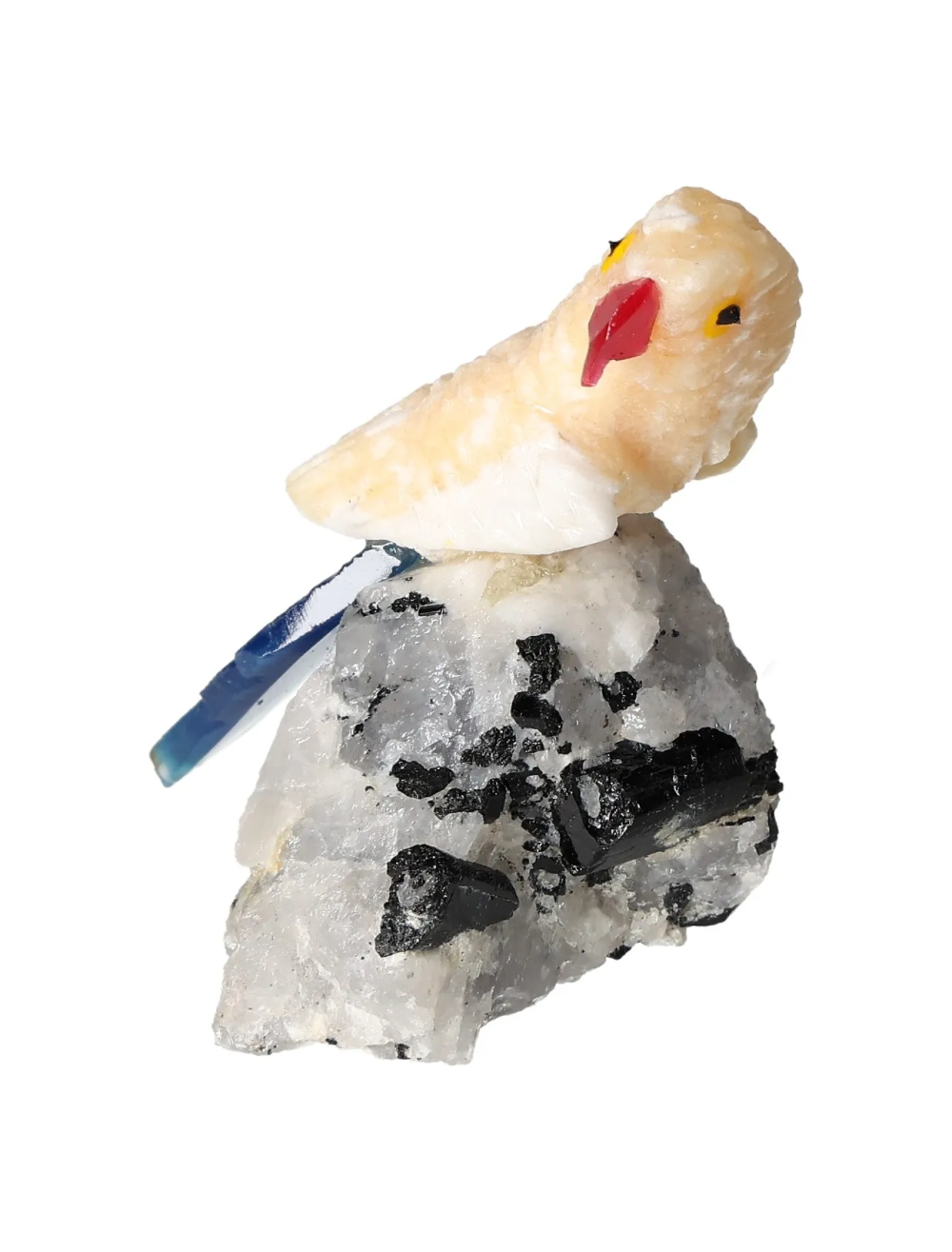 Yellow Calcite Parrot On Tourmaline 636292 - intricate sculpture featuring a yellow calcite parrot perched on tourmaline crystal base
