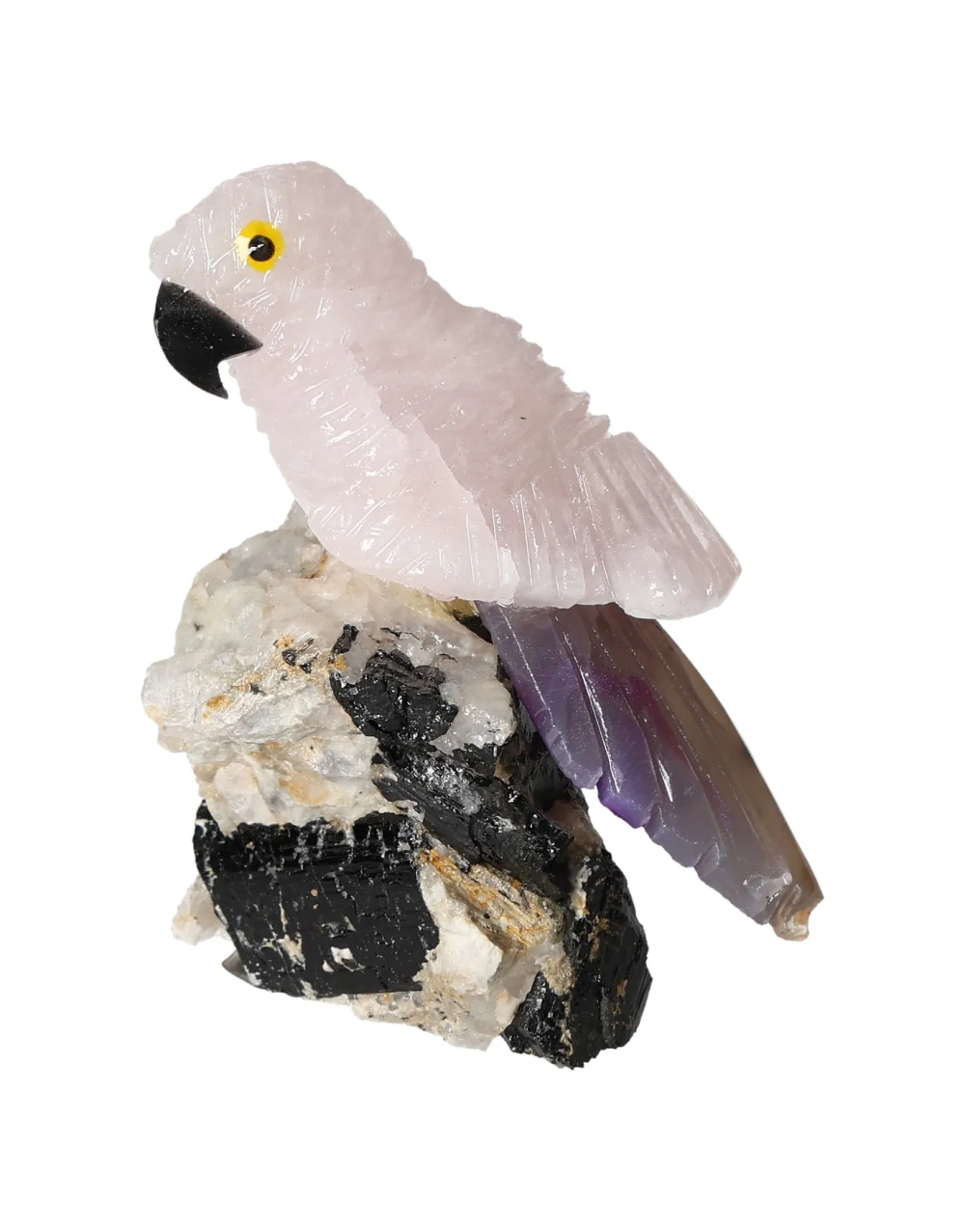Pink Quartz Parrot On Tourmaline 636308 gemstone sculpture