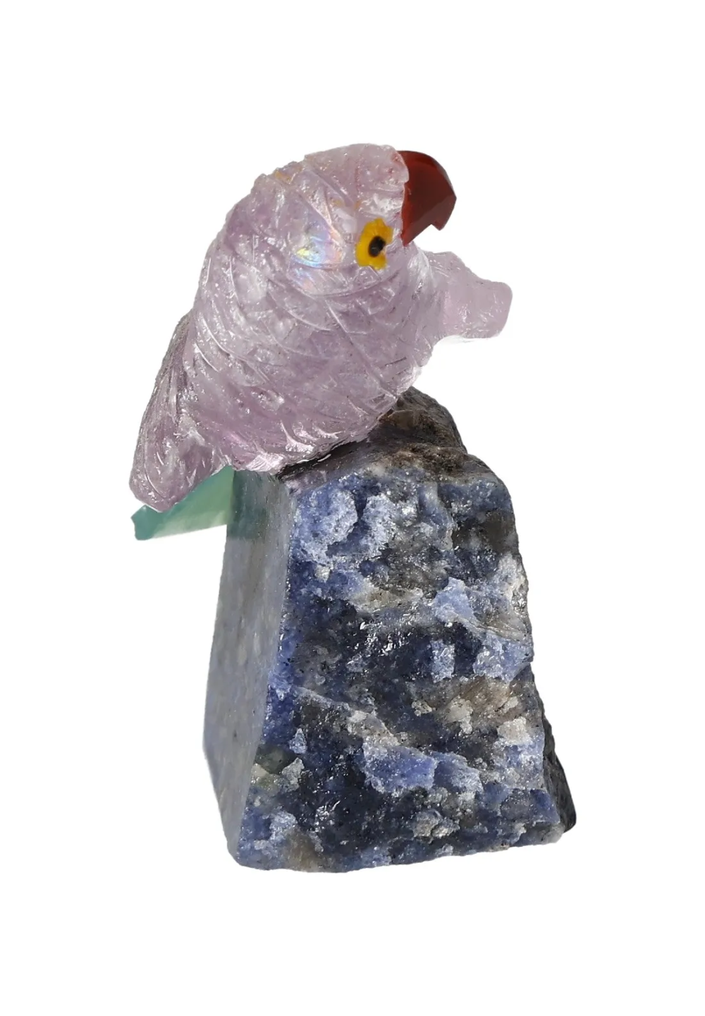 Amethyst Parrot On Sodalite 636353 sculpture showcasing creativity and clear thinking properties of sodalite.