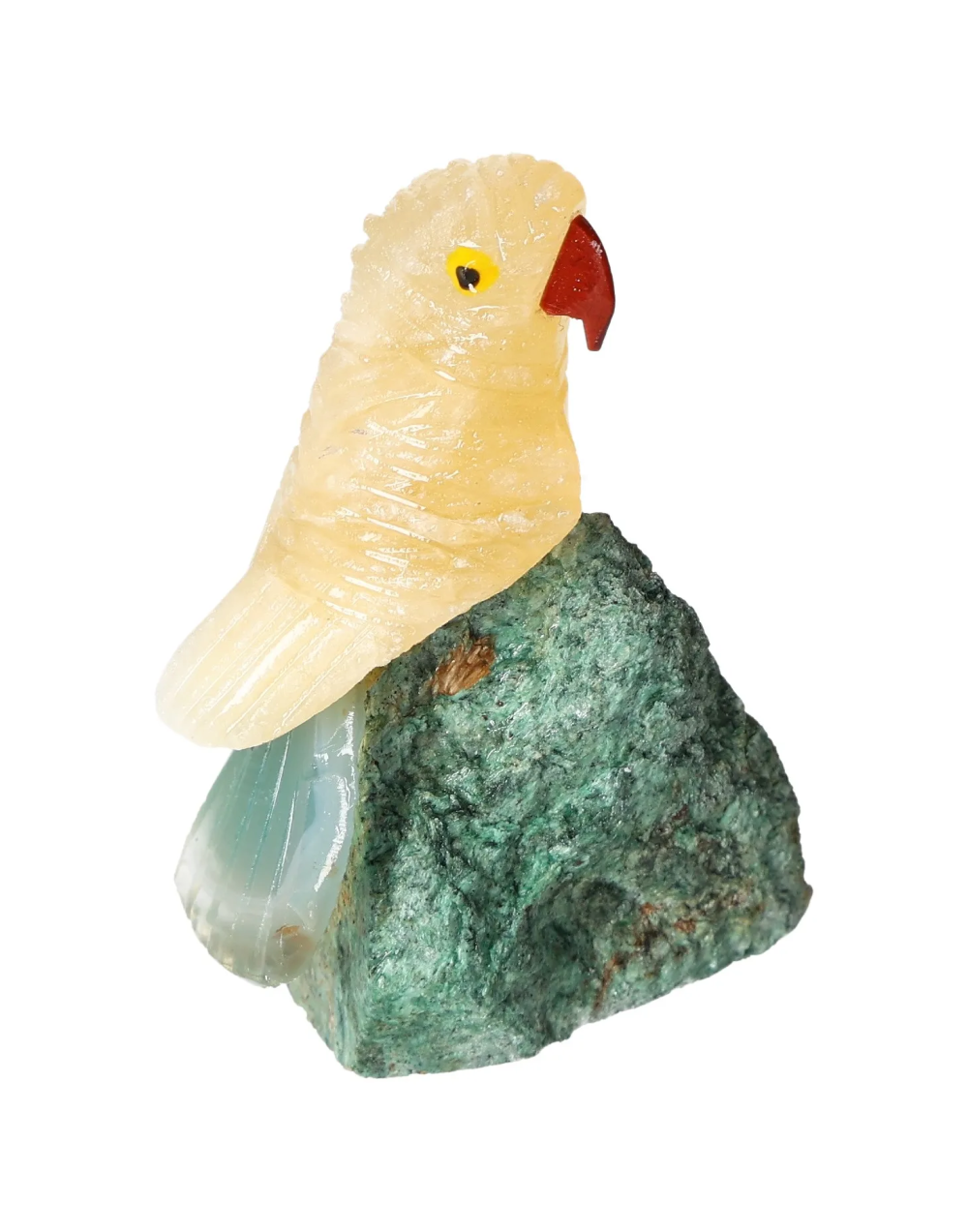 Yellow Calcite Parrot On Fuchsite 636377 decorative stone with healing properties