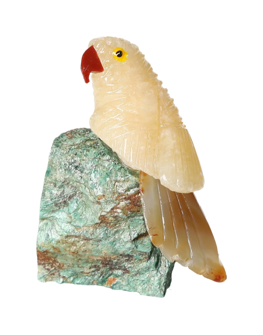 Yellow Calcite Parrot On Fuchsite 636377 sculpture showcasing healing and heart-centered energy properties.