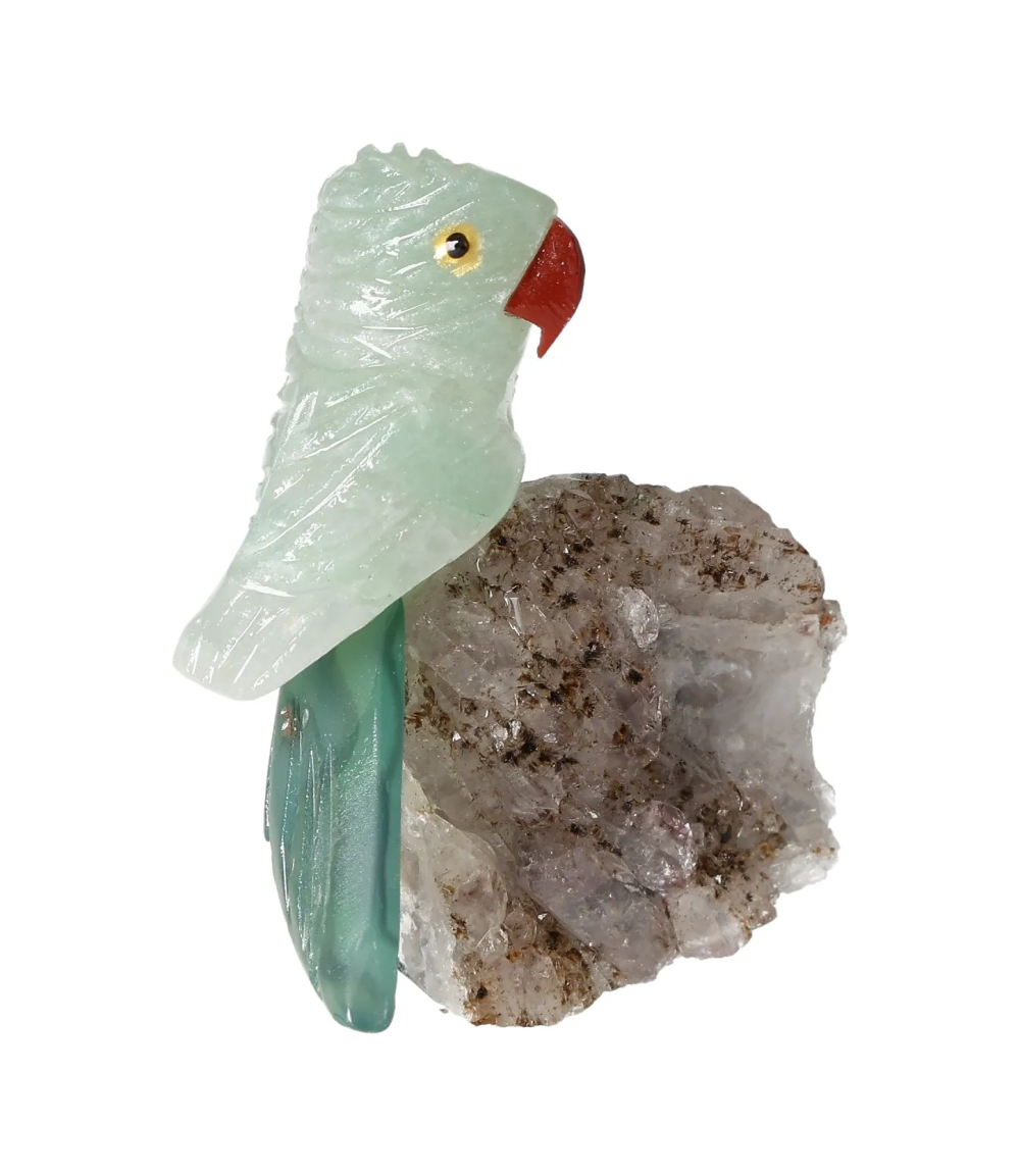 Green Quartz Parrot On Quartz 636384 figurine featuring carved bird and rock