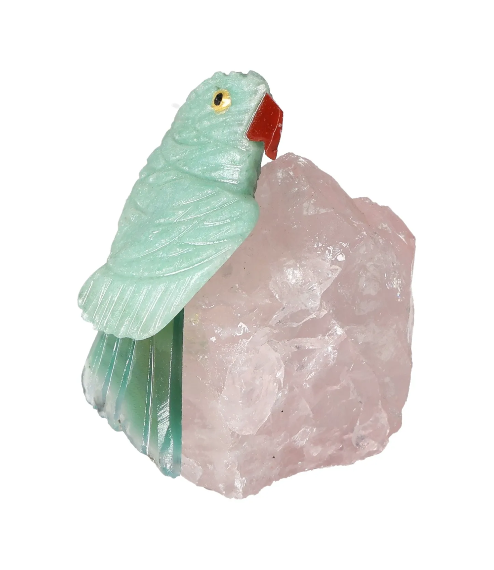 Green Quartz Parrot On Quartz 636384 figurine, featuring a detailed parrot sculpture atop a raw quartz base.