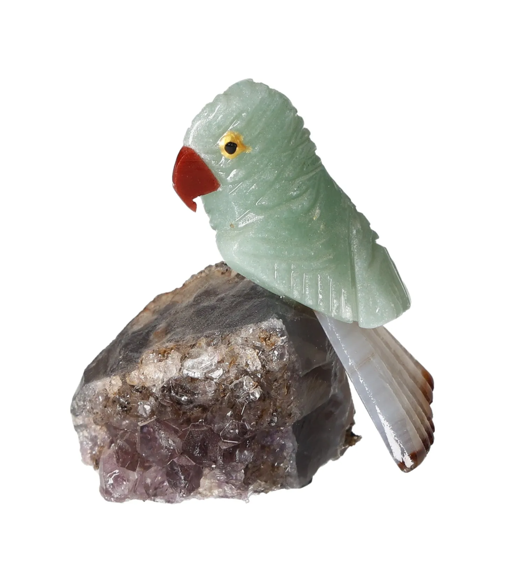 Green Quartz Parrot On Quartz 636384 figurine on a quartzite base, showcasing metamorphic artistry.