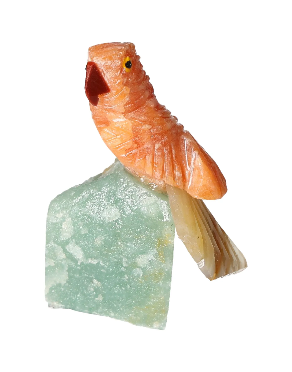 Orchid Calcite Parrot On Quartz 636391 figurine, showcasing vibrant colors and intricate mineral details.