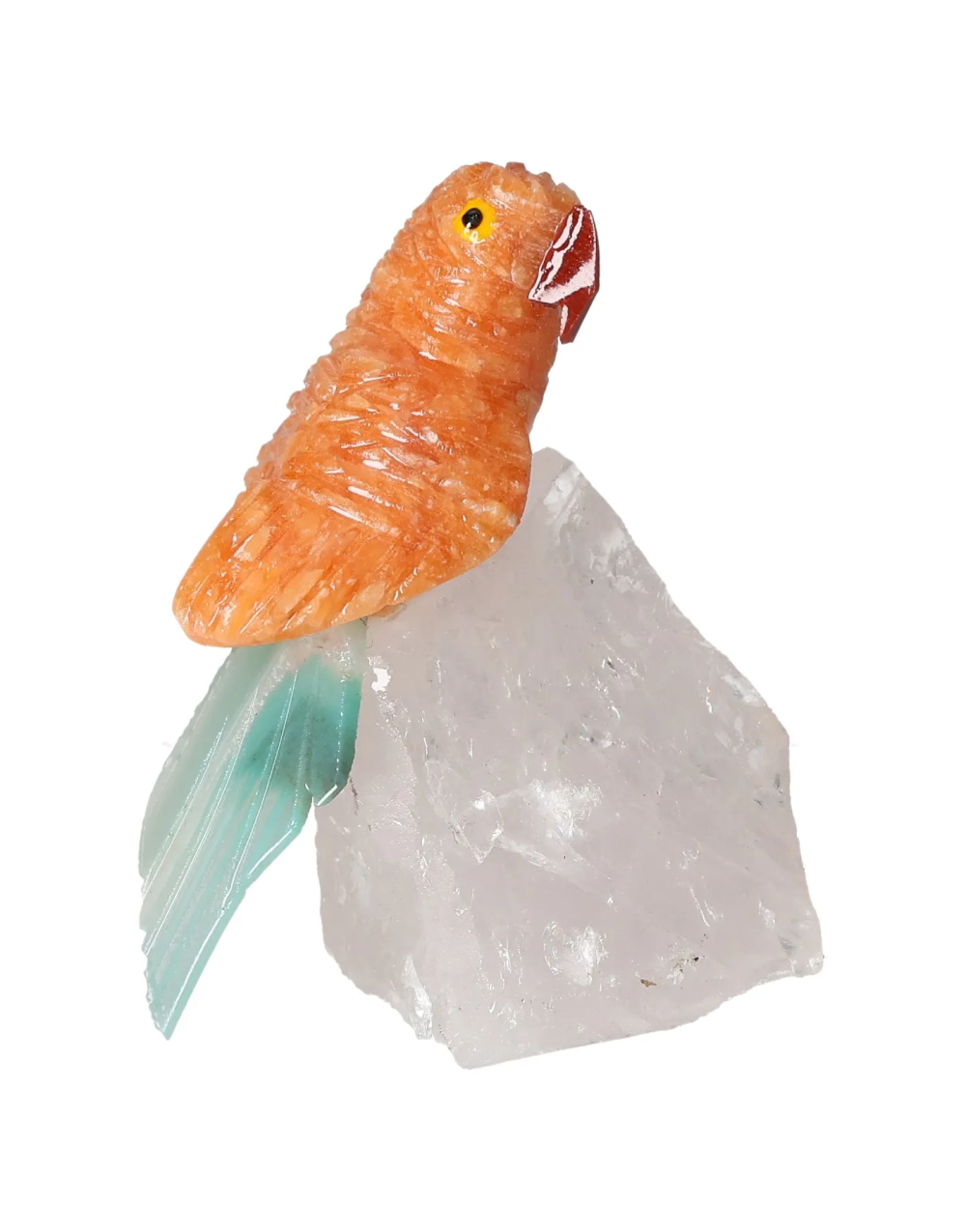 Orchid Calcite Parrot On Quartz 636391 sculpture showcasing vibrant colors and detailed craftsmanship.