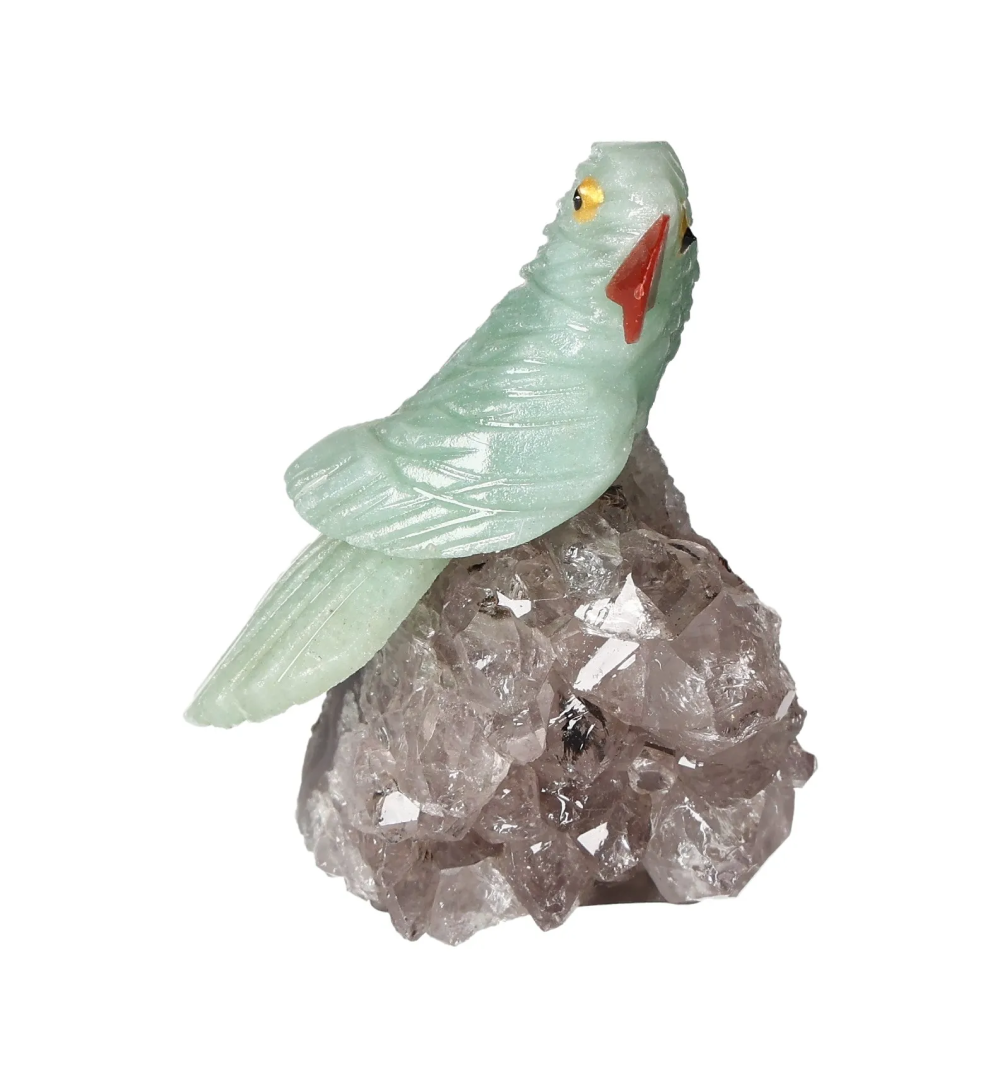 Green Quartz Parrot On Quartz 636407, a spiritual crystal sculpture with intricate details, ideal for chakra and zodiac energy alignment.