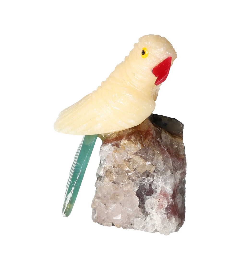 Yellow Calcite Parrot On Quartz 636414 perched on a natural quartz base showing vibrant colors and unique properties.