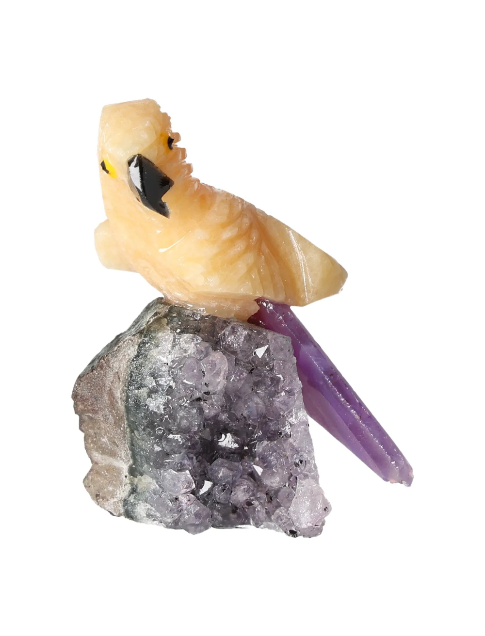 Yellow Calcite Parrot On Quartz 636421 crystal sculpture with energetic and spiritual properties, associated with chakras and zodiac signs.