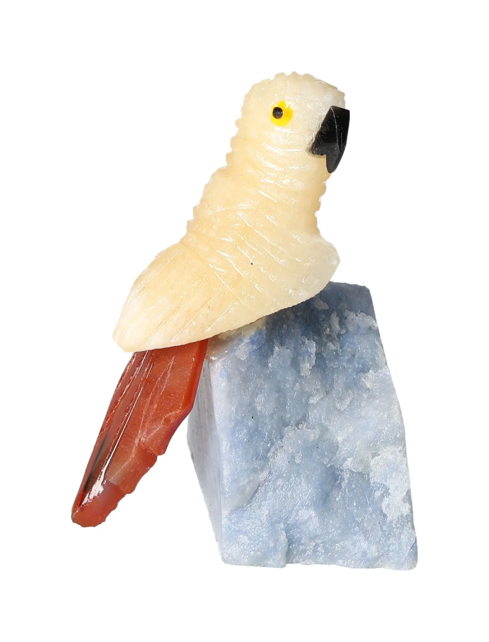 Yellow Calcite Parrot On Quartz 636421 statue showcasing vibrant gemstones for energetic and spiritual support