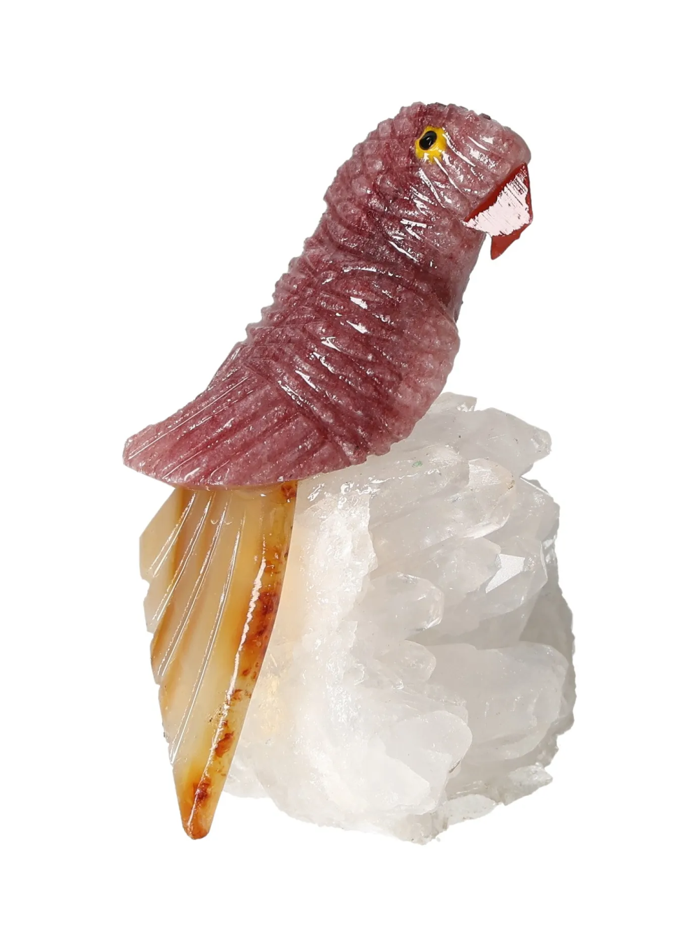 Hematoide Parrot On Quartz 636438 sculpture showcasing unique quartz variety for chakra and zodiac energy balance.