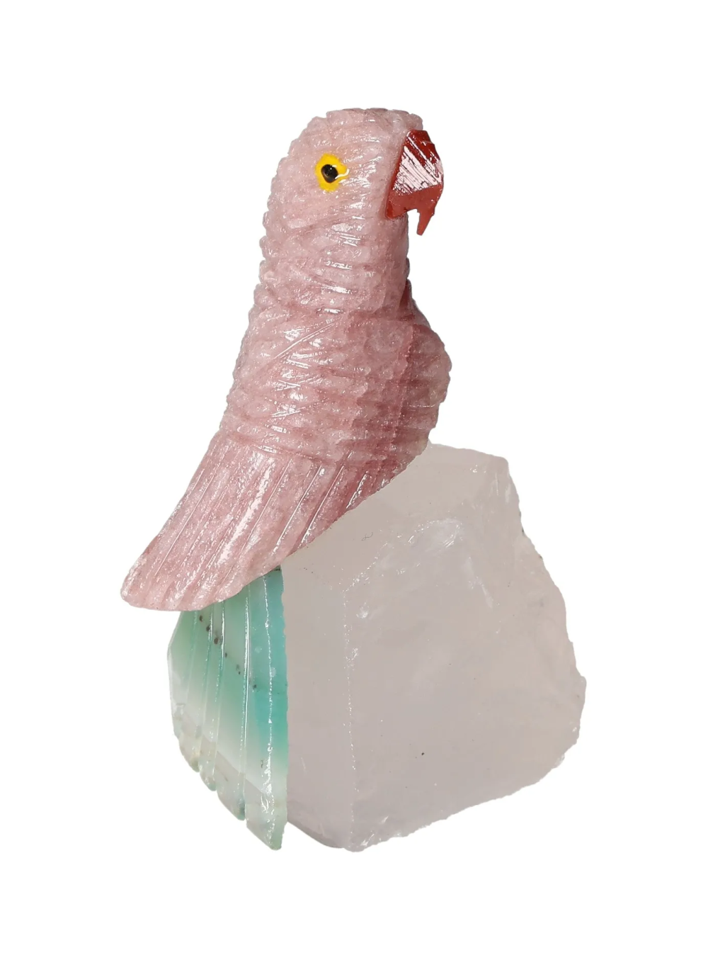 Hematoide Parrot On Quartz 636438 crystal sculpture featuring unique stone colors and spiritual properties.