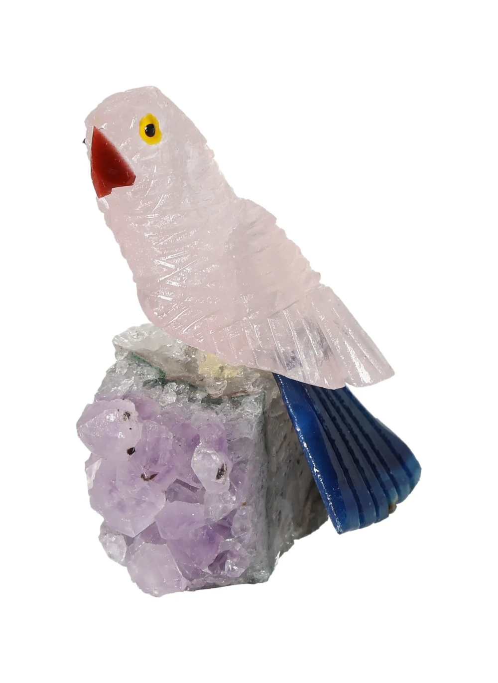 Pink Quartzt Parrot On Quartz 636476 sculpture featuring detailed craftsmanship and vibrant colors associated with chakras and zodiac signs.