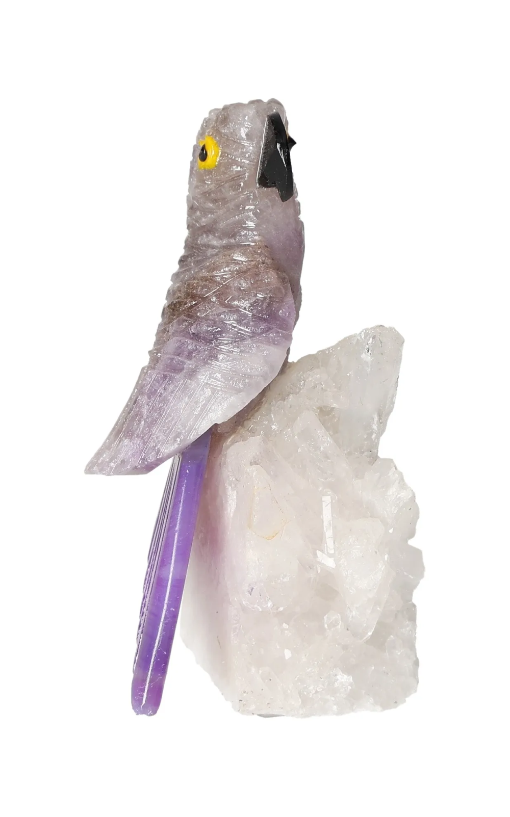 Amethyst Parrot On Quartz 636483 sculpture with spiritual and energetic quartz properties, connecting chakras and zodiac signs.