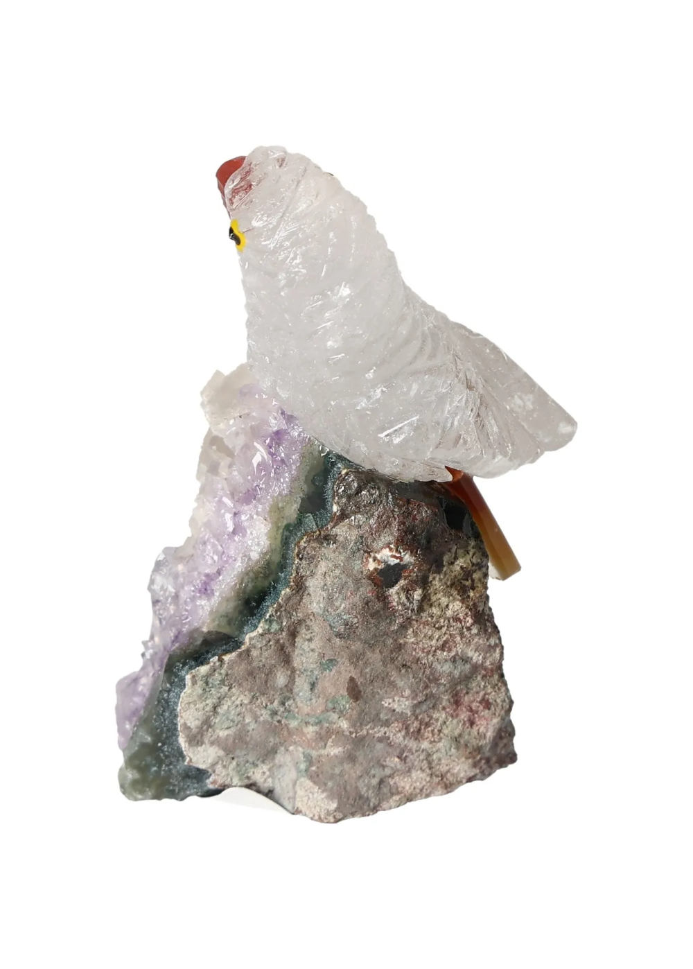 Rock Quartz Parrot On Quartz 636513 showcasing its unique crystalline structure and connection to chakras and zodiac signs.