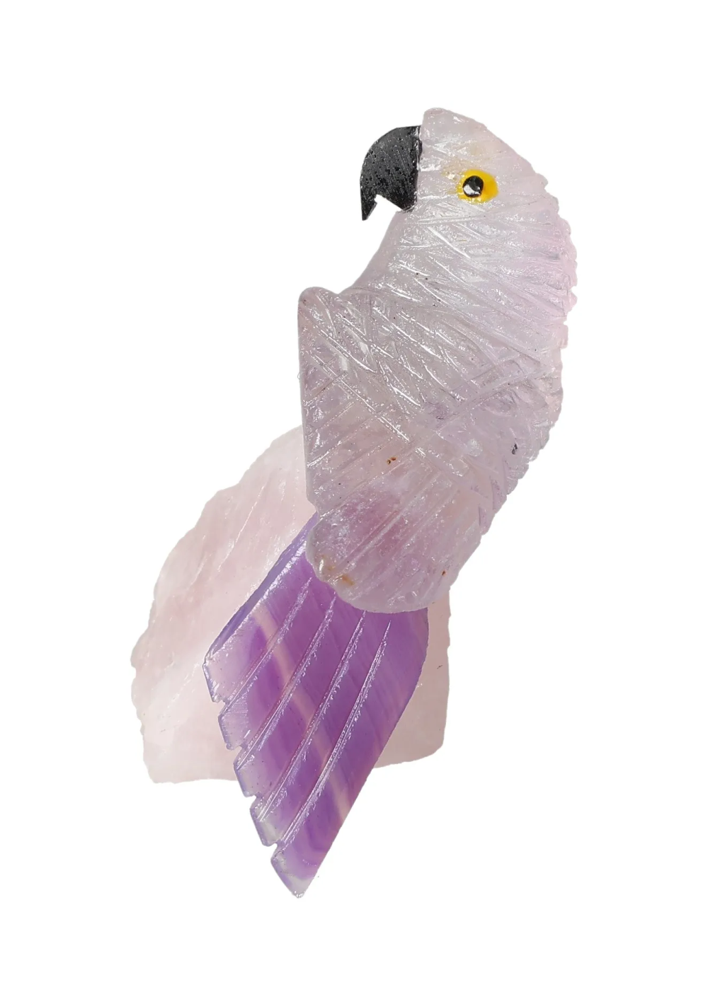 "Amethyst Parrot On Quartz 636520 sculpture, featuring purple and clear quartz with intricate carvings, supporting spiritual and energetic needs."