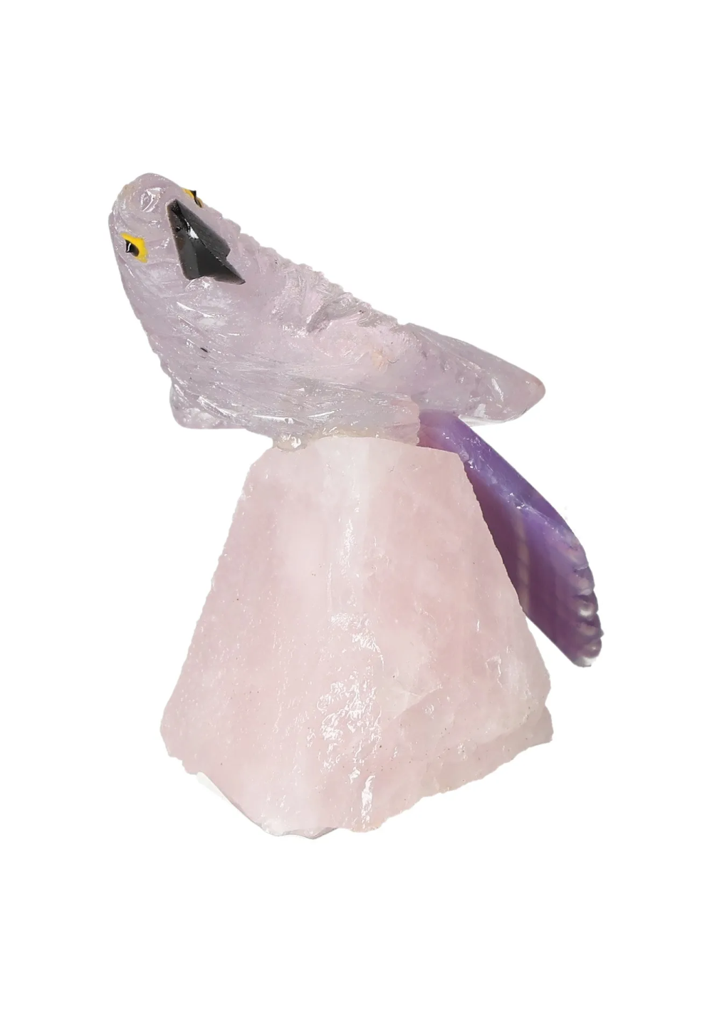 Hand-carved Amethyst Parrot On Quartz 636520 showcasing natural gemstone hues and spiritual properties, highlighting chakra and zodiac associations.