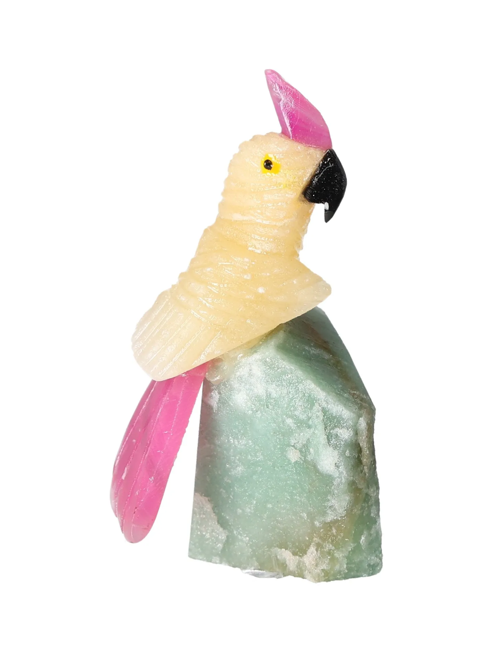 Yellow Calcite Parrot On Quartz 636537 sculpture with colorful minerals, enhancing chakra alignment and spiritual connection.
