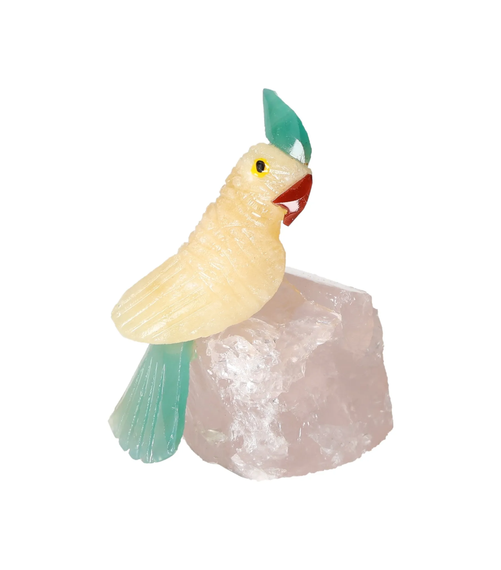 Yellow Calcite Parrot On Quartz 636568 crystal sculpture with vibrant colors and energetic properties.