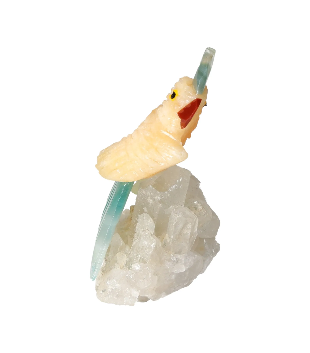 Yellow Calcite Parrot On Quartz 636568 sculpture with spiritual and energetic properties