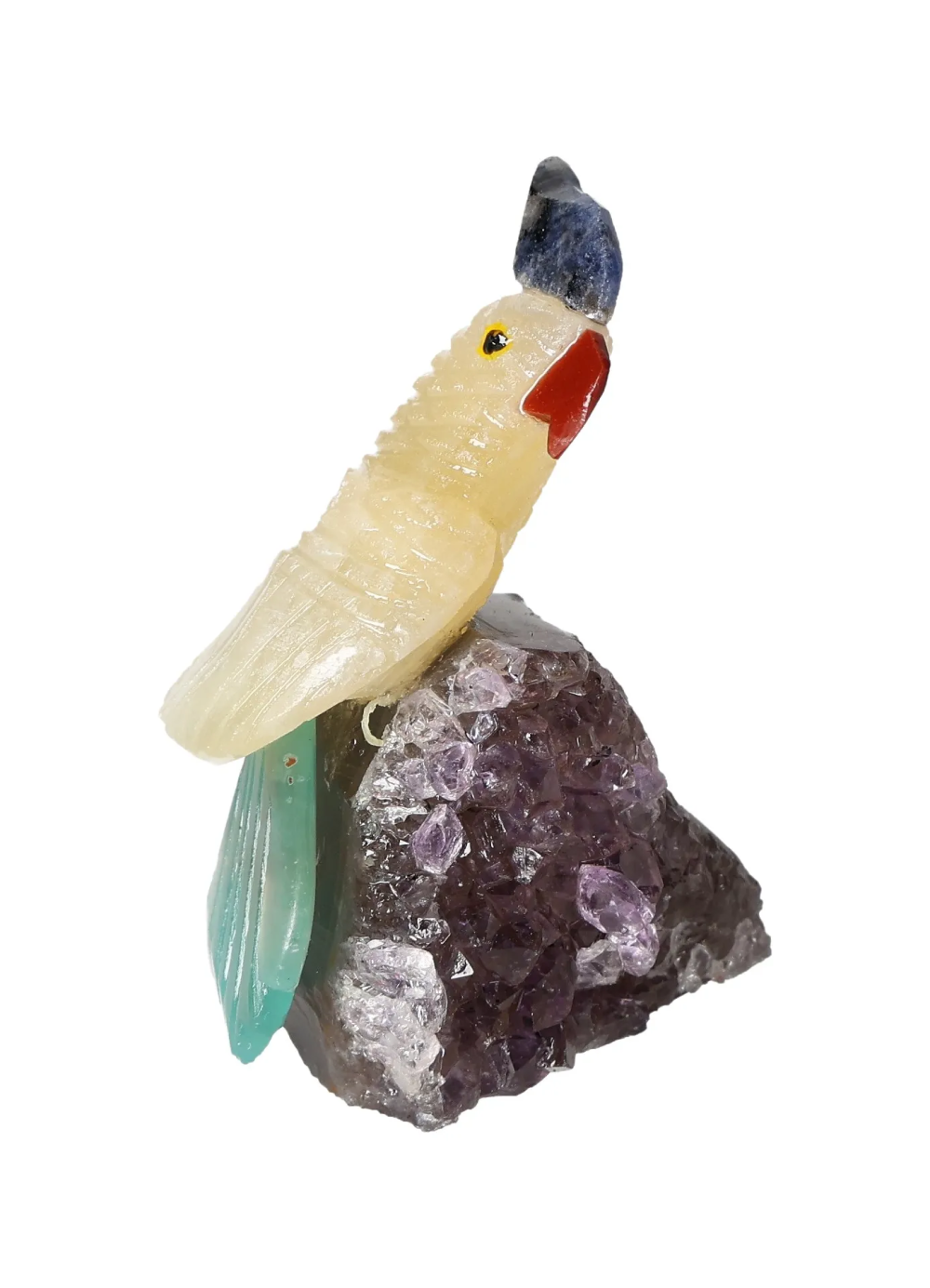 Yellow Calcite Parrot On Quartz 636575 with vibrant colors influencing chakras and zodiac signs.