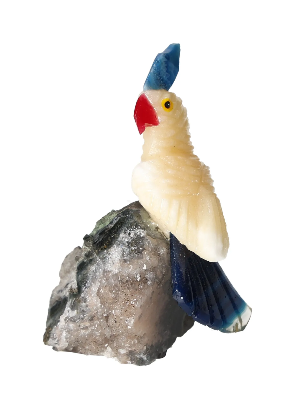 Yellow Calcite Parrot On Quartz 636575 sculpture with spiritual and energetic properties, perfect for chakra and zodiac alignment.
