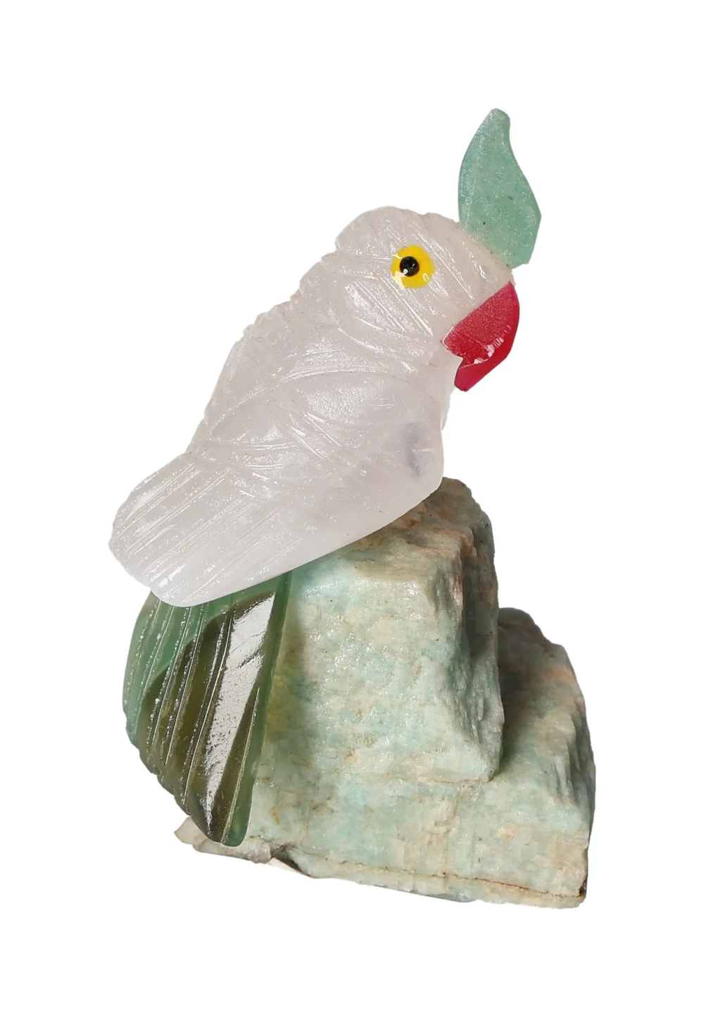 Quartz Parrot On Amazonite 636599 gemstone sculpture featuring intricate details, promoting emotional balance and harmony.