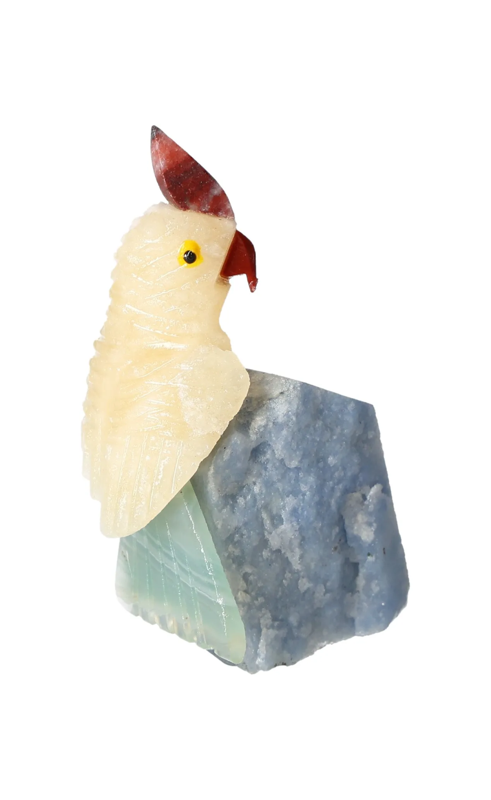 Yellow Calcite Parrot On Quartz 636612, a spiritual crystal sculpture enhancing chakra and zodiac energies through quartz varieties.