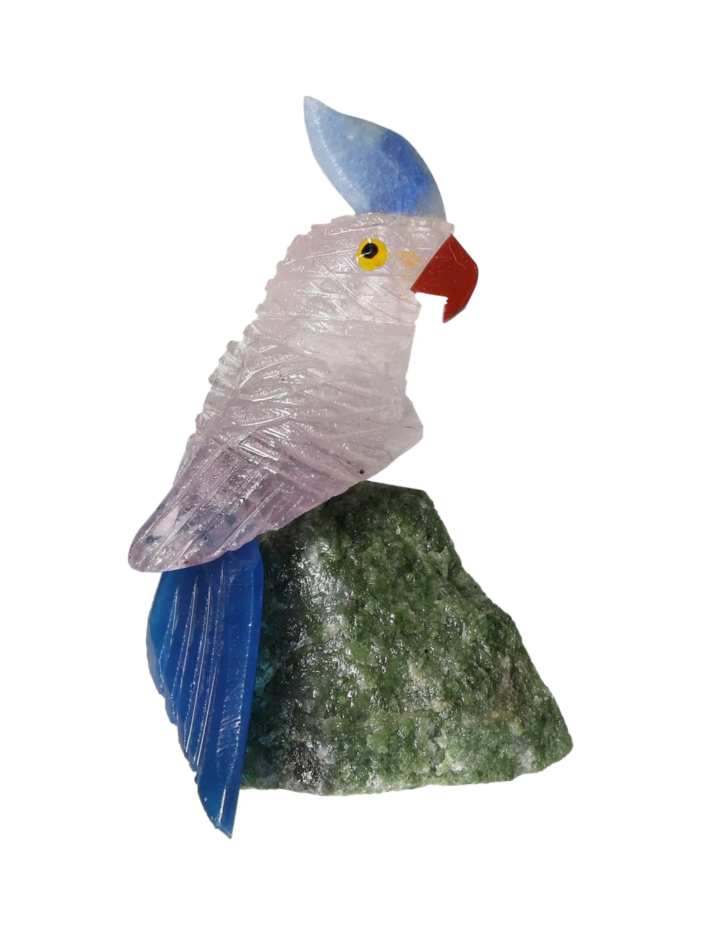Amethyst Parrot On Fuchsite 636650 sculpture showcasing heart-centered healing energy and spiritual growth properties.