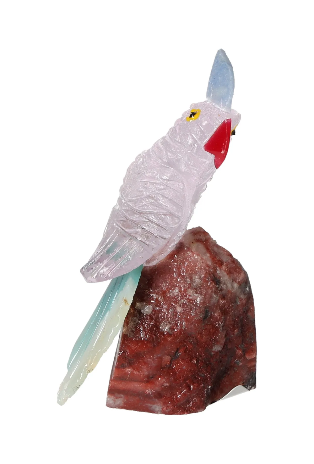 Amethyst Parrot On Quartz 636728 sculpture featuring a carved parrot atop a colorful quartz base, representing chakra and zodiac associations.