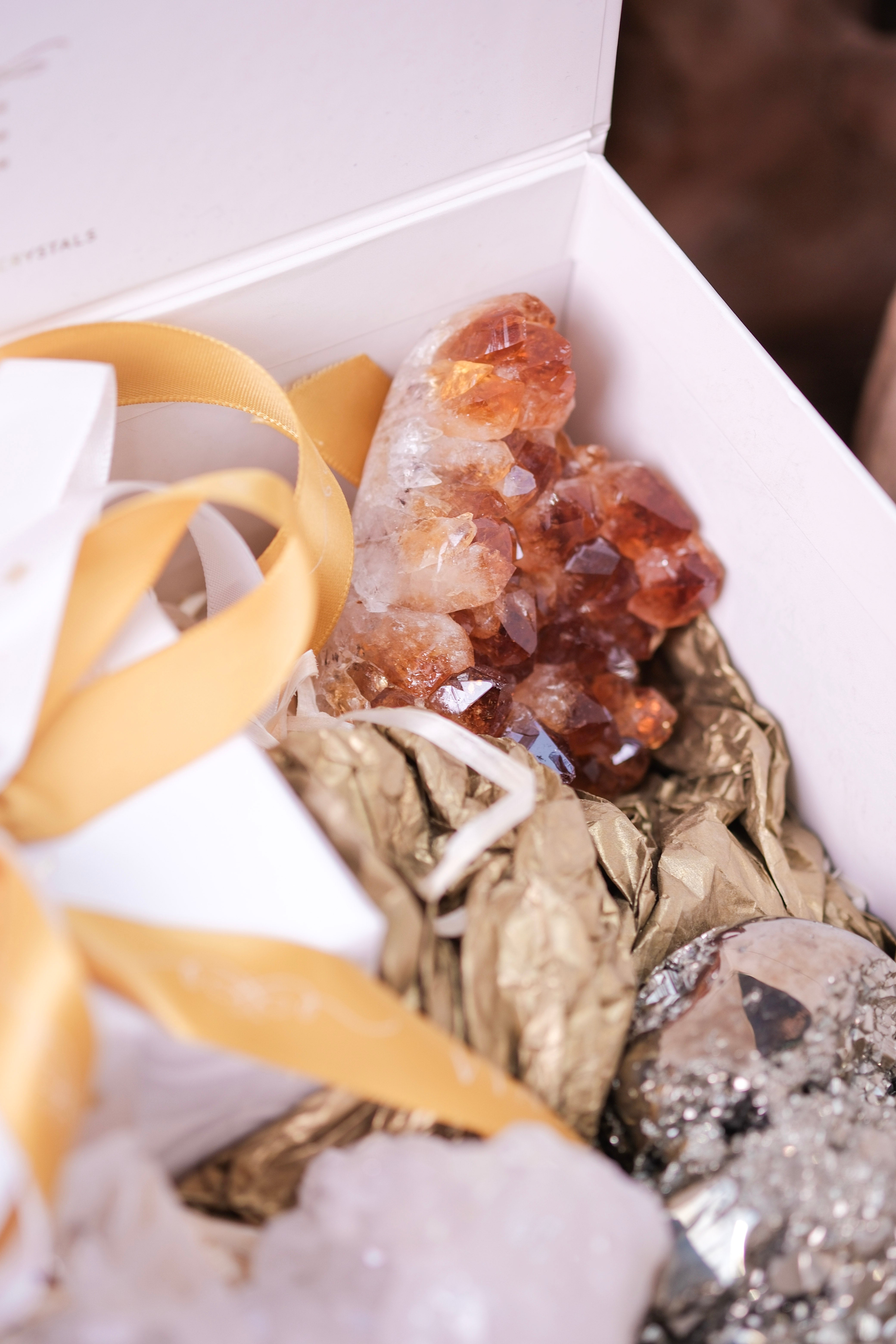 "Deluxe Christmas Box with Pyrite Heart, Citrine Druze, and White Quartz for prosperity and warmth by Sylvia Crystals"