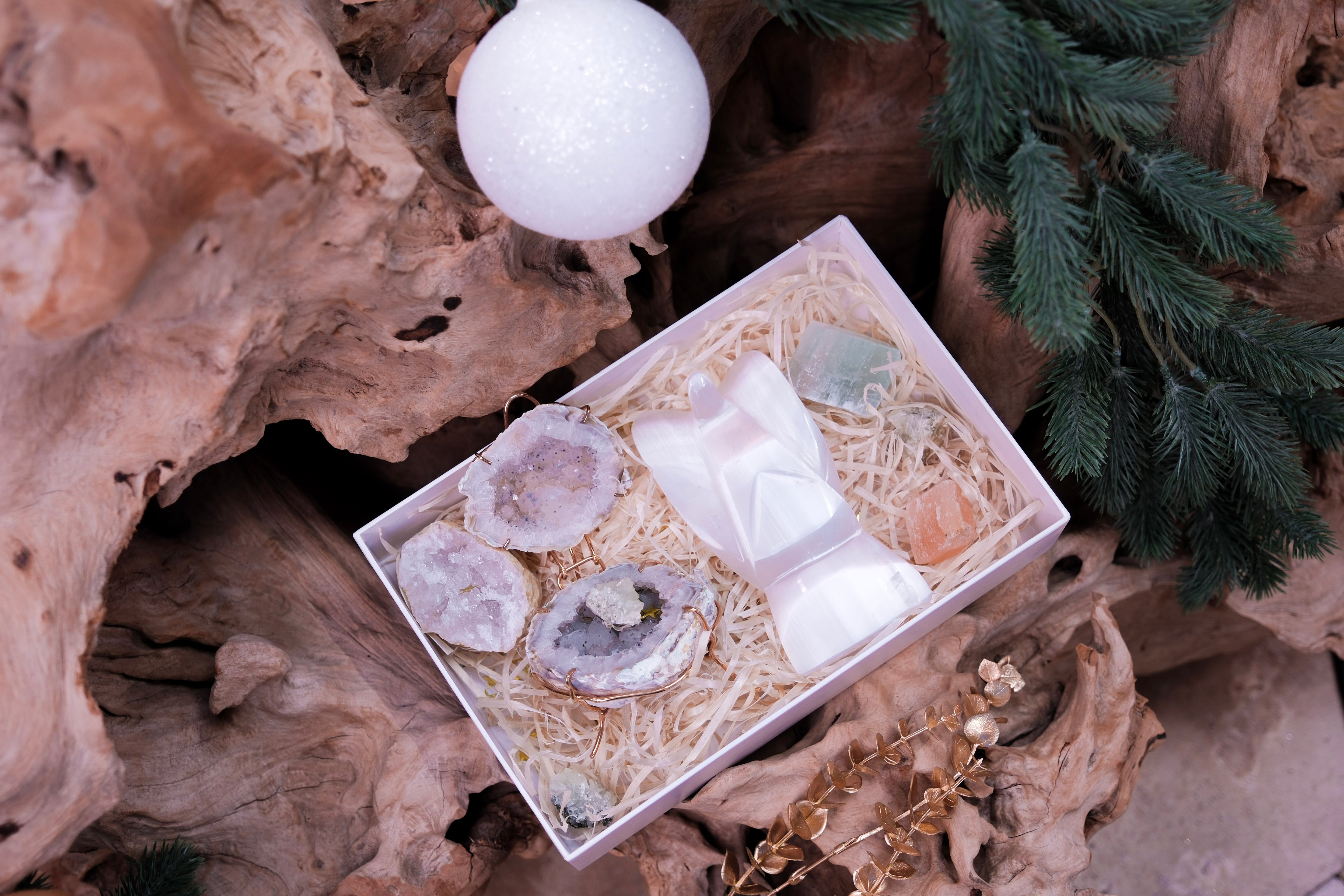 Angelic Elegance Christmas Gift Box with crystals, selenite angel, and agate jewelry box by Sylvia Crystals on rustic wood background.