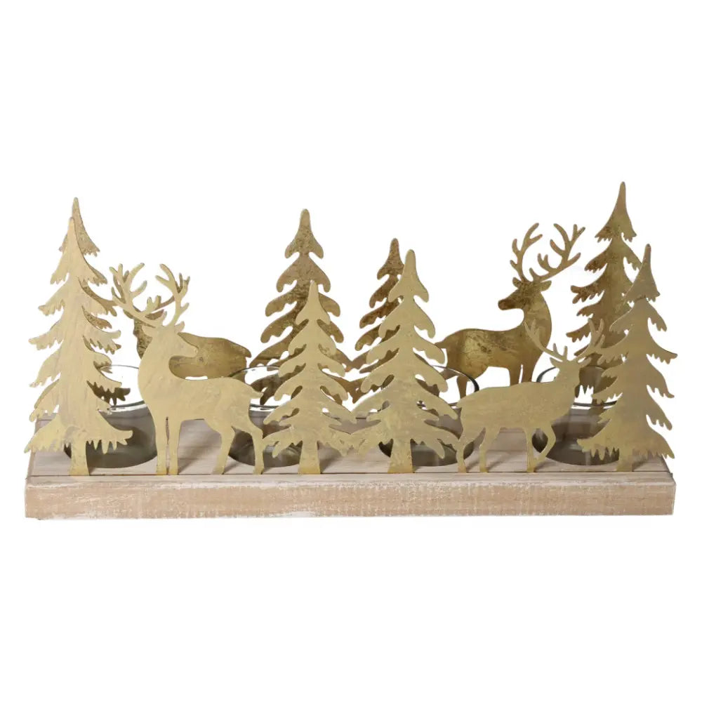 Advent arrangement with tealight holder in gold winter forest design made of wood, metal, and glass, featuring elegant deer and trees.