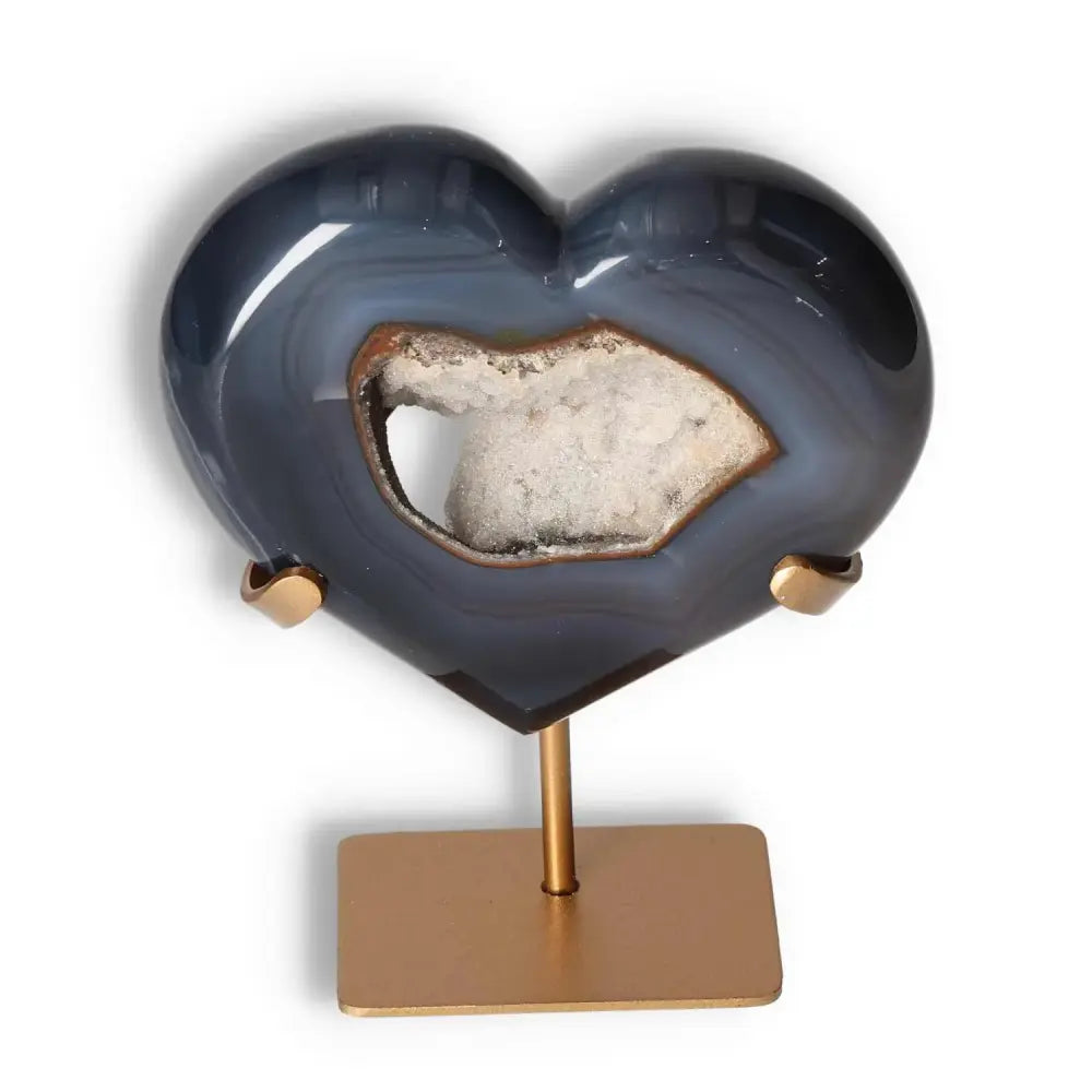 Luxurious Agate Heart from Sylvia Crystals on stand, showcasing premium natural patterns and harmonizing energy properties.